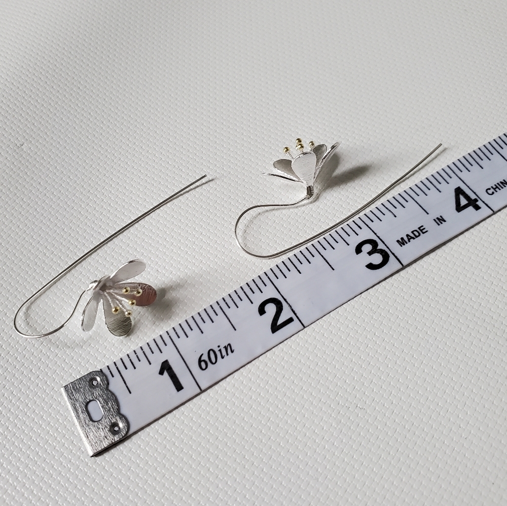 925 Silver Gold Long Feed Through Flower Earrings - Picture 5 of 5